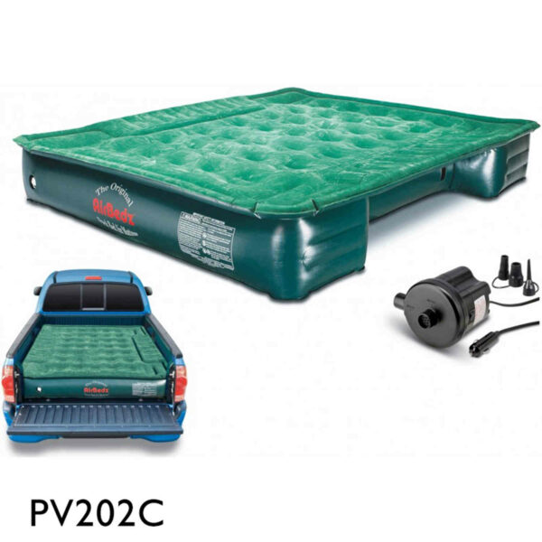 Photo montage of Pittman Airbedz Lite PPI-PV202C showing mattress, mattress in blue pickup truck, and portable air pump