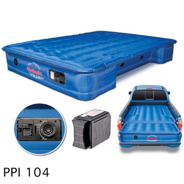 Photo montage of Pittman Original AirBedz PPI-104 showing mattress, mattress in truck, close up of the built-in pump, close-up of removable battery, mattress in Truck