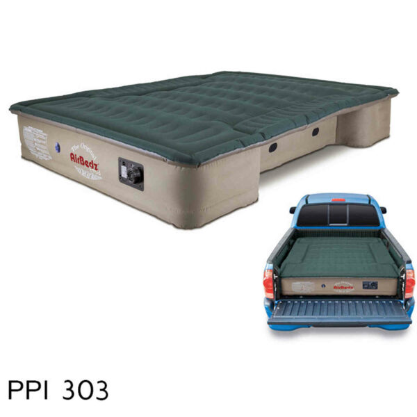 Photo of Pittman Aitrbedz Pro3 PPI-303 mattress showing mattress, pump blow-up and mattress on back of pickup truck