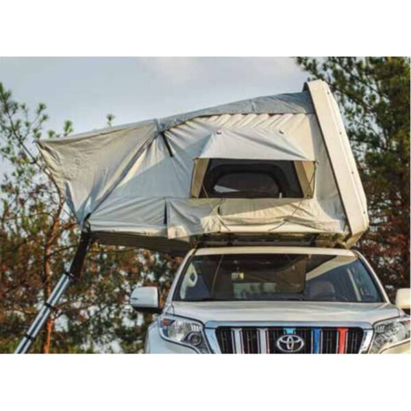 Lifestyle photo of Pittman SKY 2.1 Hard Shell Tent Khaki with Coffee Brown Trim and White Hardtop on White Toyota Truck